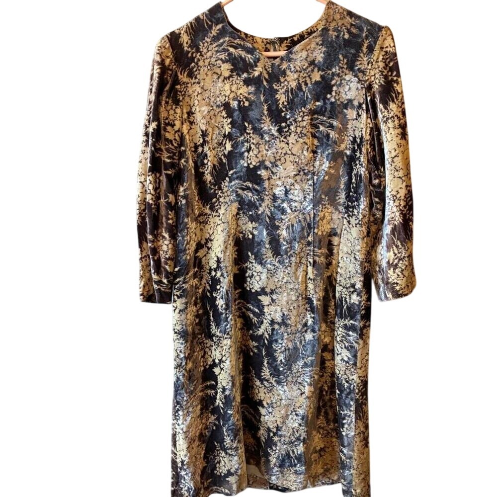 Vintage Handmade Velvet Chocolate Brown Gold Floral Long Sleeve Dress Sz Small